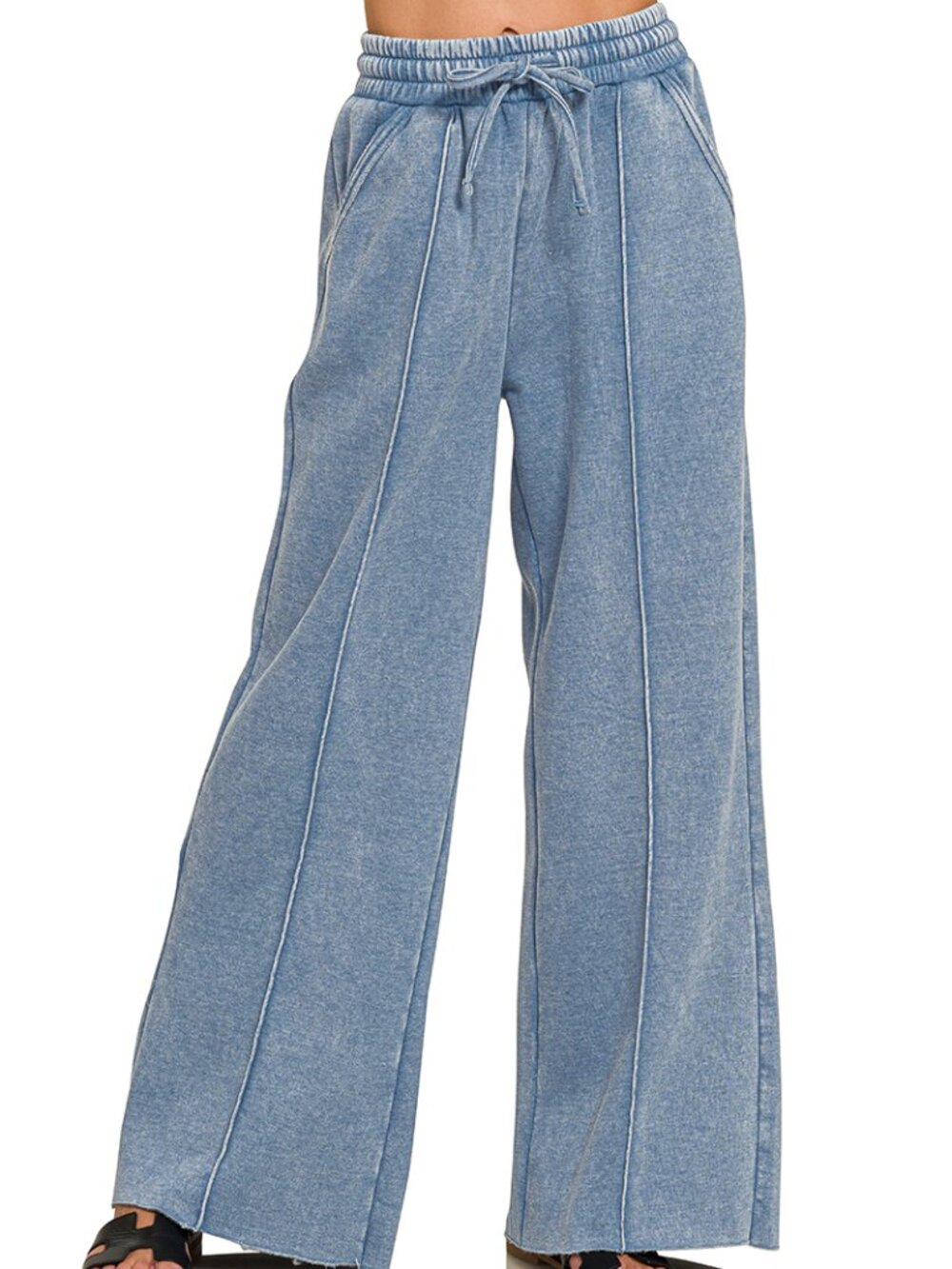 Acid Washed Fleece Pintuck Wide Leg Pants in Dusty Blue